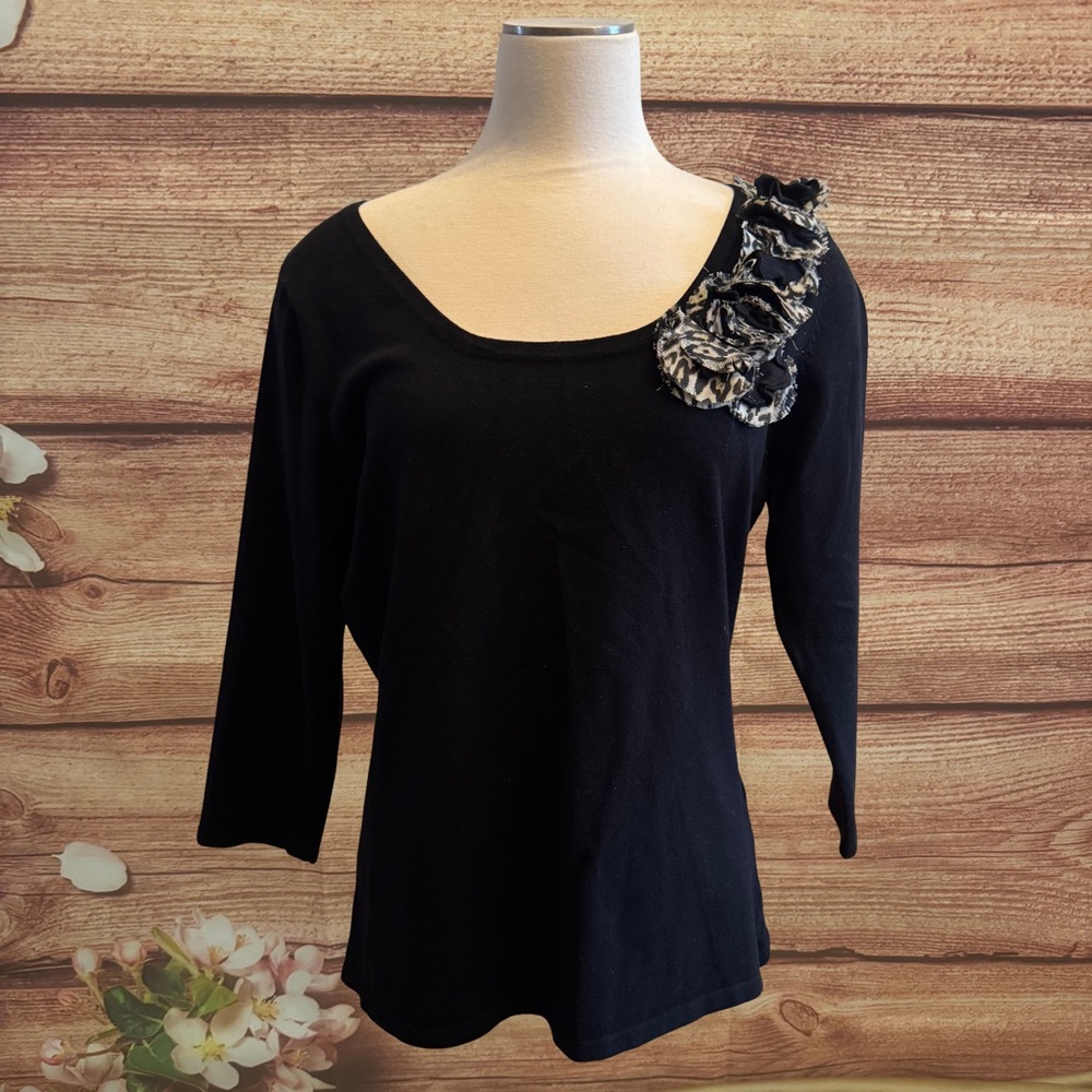Cyrus Black Knit Top with Leopard Floral Shoulder Accent